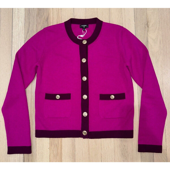 Chanel 20A Purple Pink Cashmere Gold CC Logo Long Sleeve Cardigan Sweater 38 - Picture 3 of 11